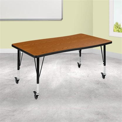 Mobile 28"W x 47.5"L Rectangular Wave Flexible Collaborative Oak Thermal Laminate Activity Table - Standard Height Adjustable Legs