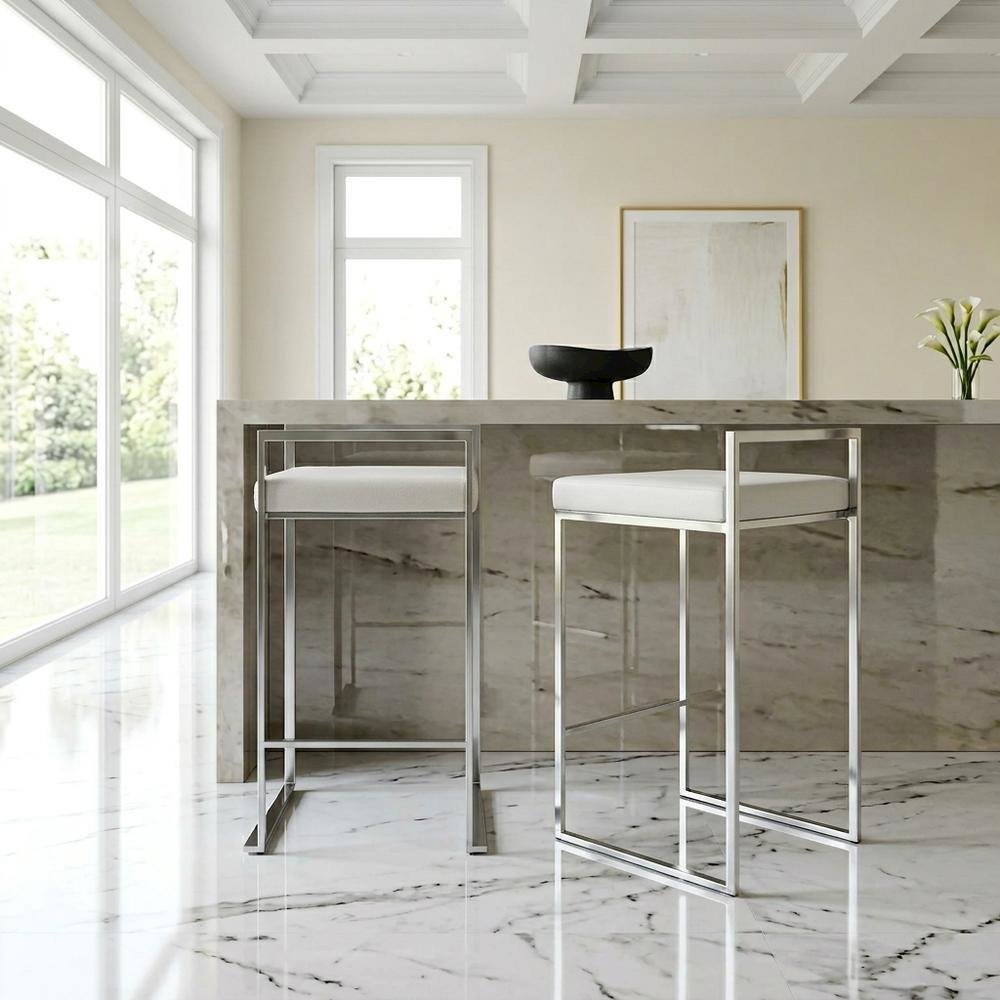 Contemporary White Faux Leather Stackable Counter Stool Set of 2