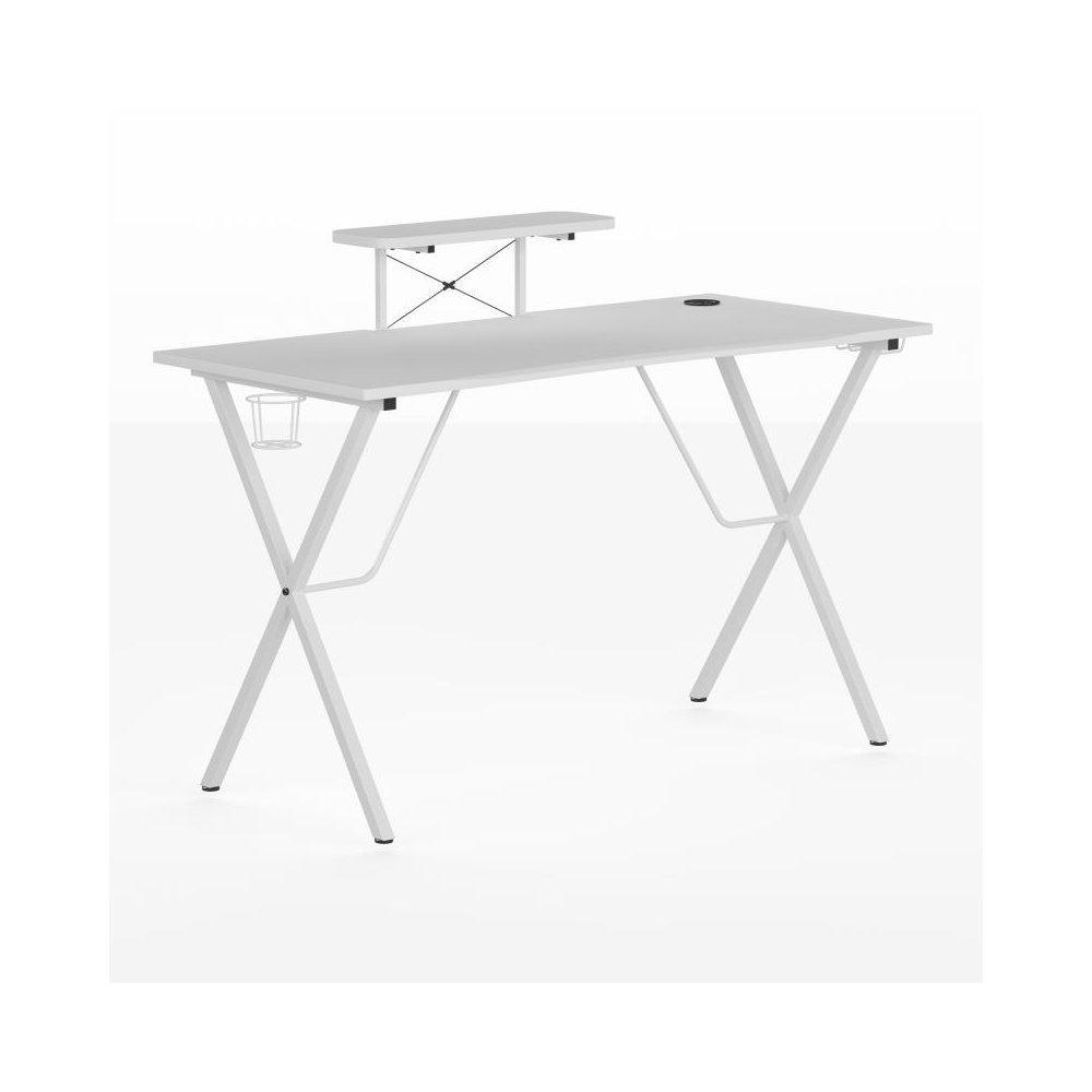 White Gaming Desk with Cup Holder, Headphone Hook, and Monitor/Smartphone Stand