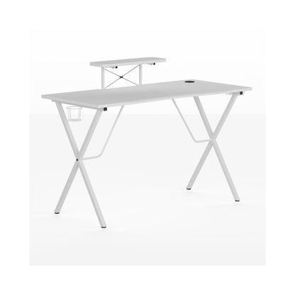 White Gaming Desk with Cup Holder, Headphone Hook, and Monitor/Smartphone Stand