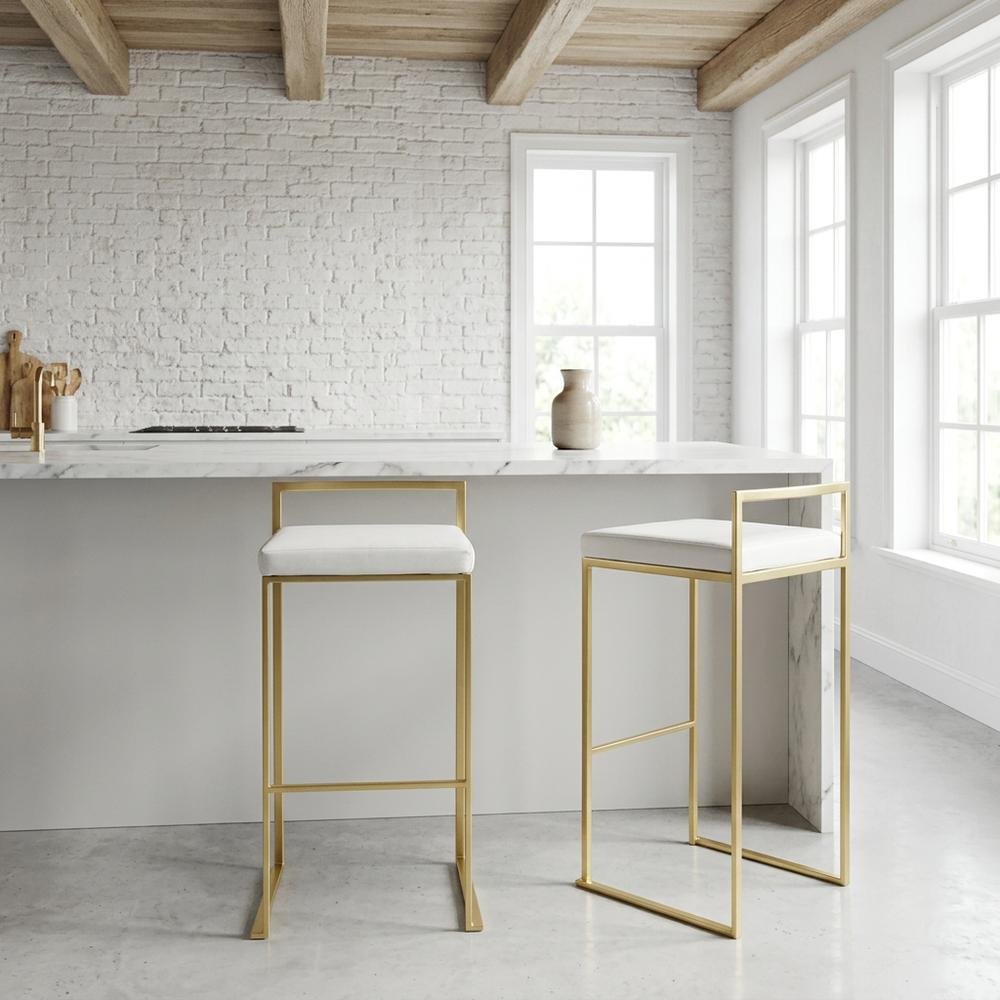 Contemporary Glam Barstools in Gold with White Faux Leather Set of 2