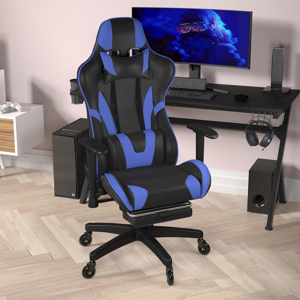 X30 Gaming Chair Racing Office Ergonomic Computer Chair with Fully Reclining Back and Slide-Out Footrest in Blue LeatherSoft