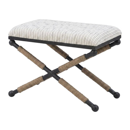 Cotton-Upholstered Woven-Stripe Ottoman Footstool with Iron Base, Beige
