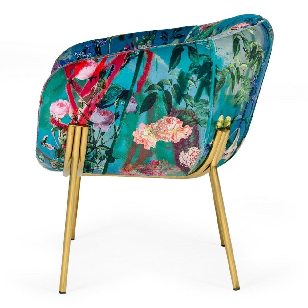 Falco - Contemporary Floral Velvet and Gold Accent Chair