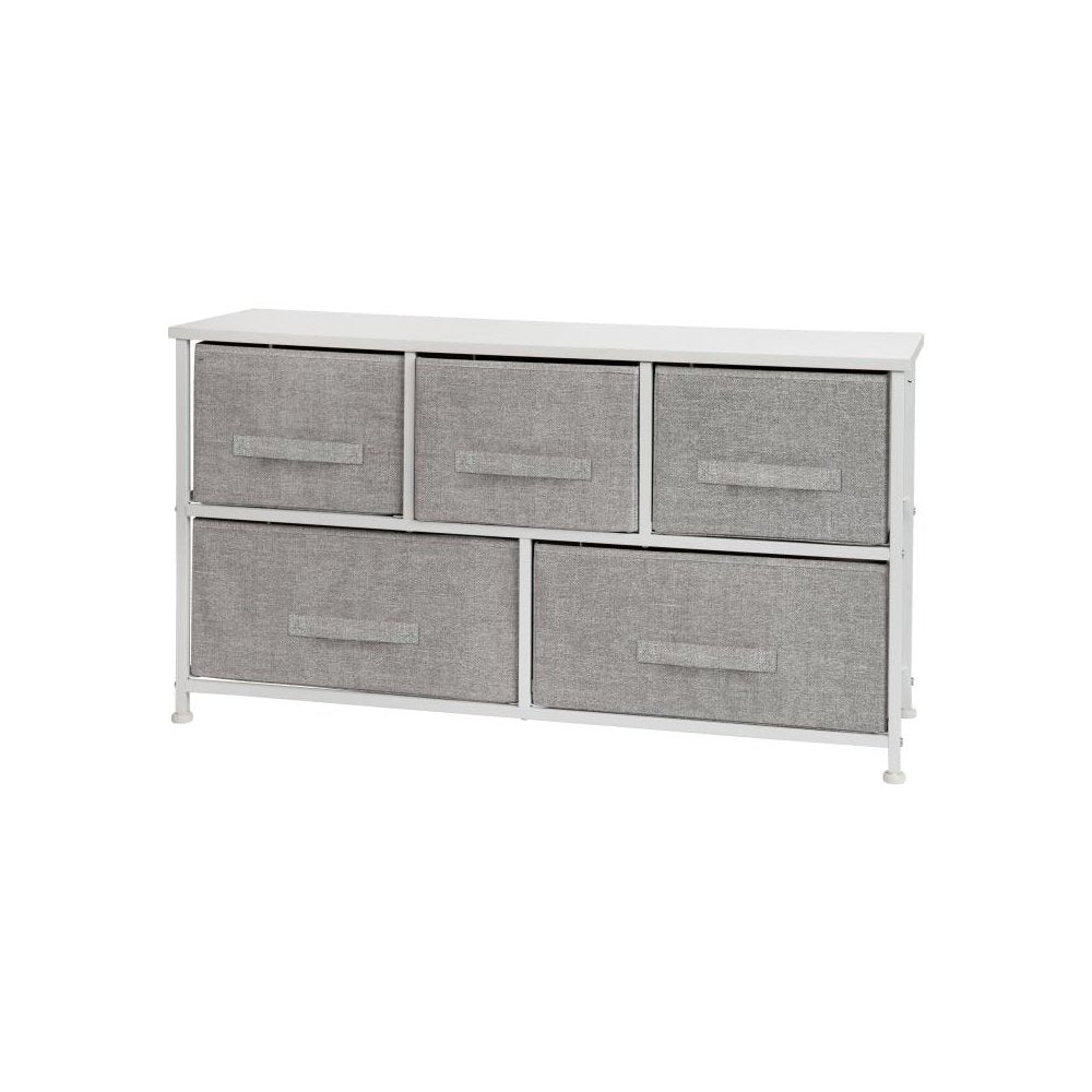 5 Drawer Wood Top White Cast Iron Frame Vertical Storage Dresser with Light Gray Easy Pull Fabric Drawers