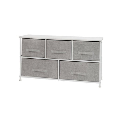 5 Drawer Wood Top White Cast Iron Frame Vertical Storage Dresser with Light Gray Easy Pull Fabric Drawers