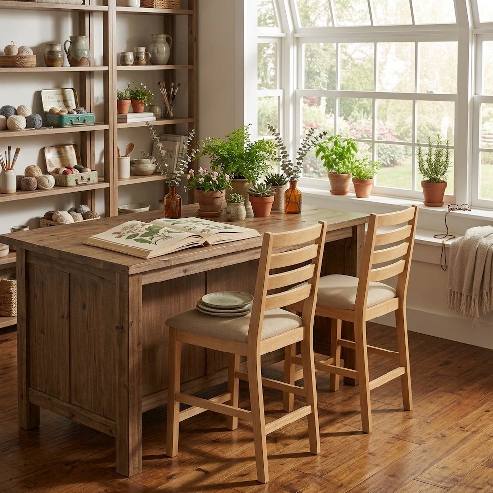 Café  Pub  Counter  Height  with  cushion  Seat  -  Natural  Oak  Finish,  Set  of  2