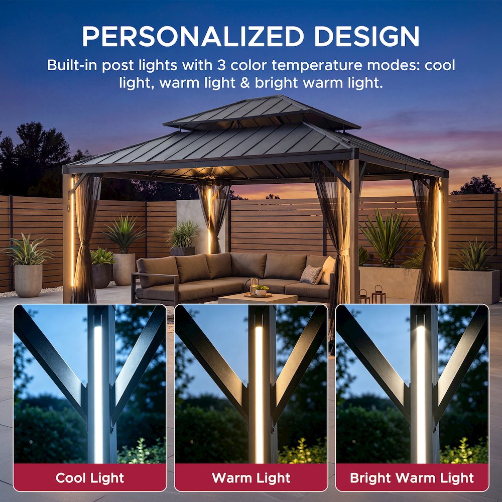 13 ft. x 15 ft. Cedar Framed Hard Top Gazebo with Solar Powered LED Lighting