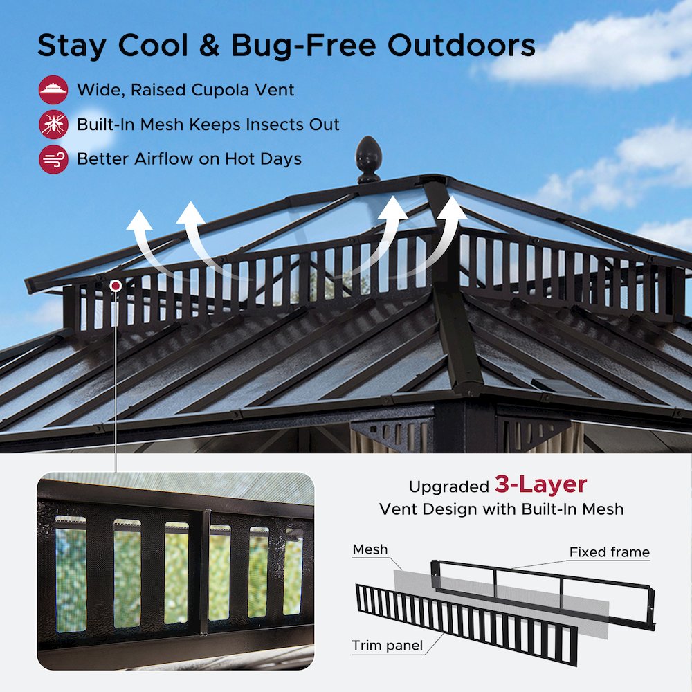 12 ft x 10 ft Hardtop Gazebo with Steel & PC Roof, Brown Aluminum Frame