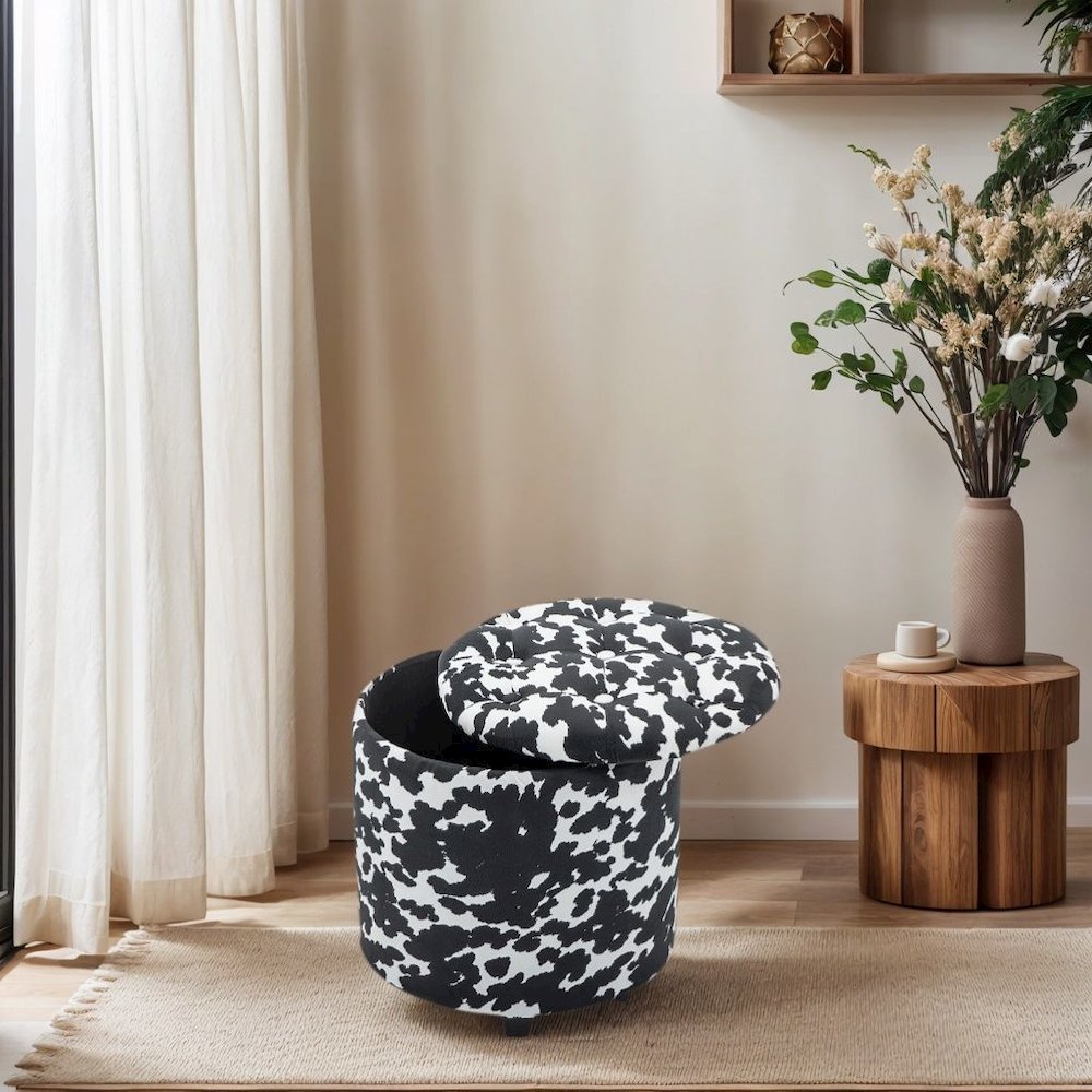 Round Black and White Sorage Cow Print Storage Ottoman Stool