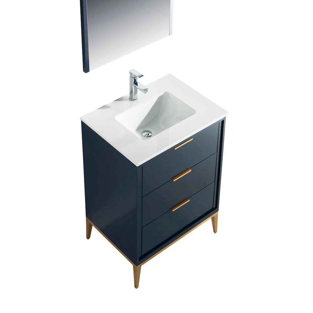 Divani 24'' Gloss Blue Vanity W/ Quartz Counter Top (Back Splash Free)