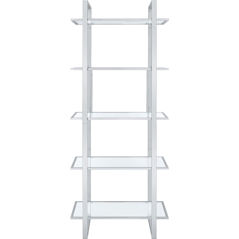 Sleek Five-Tier Bookcase with Glass Shelves and Polished Chrome Frame