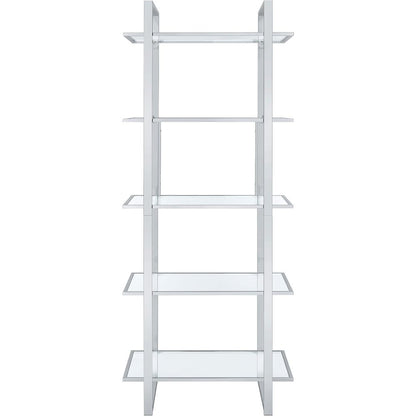 Sleek Five-Tier Bookcase with Glass Shelves and Polished Chrome Frame