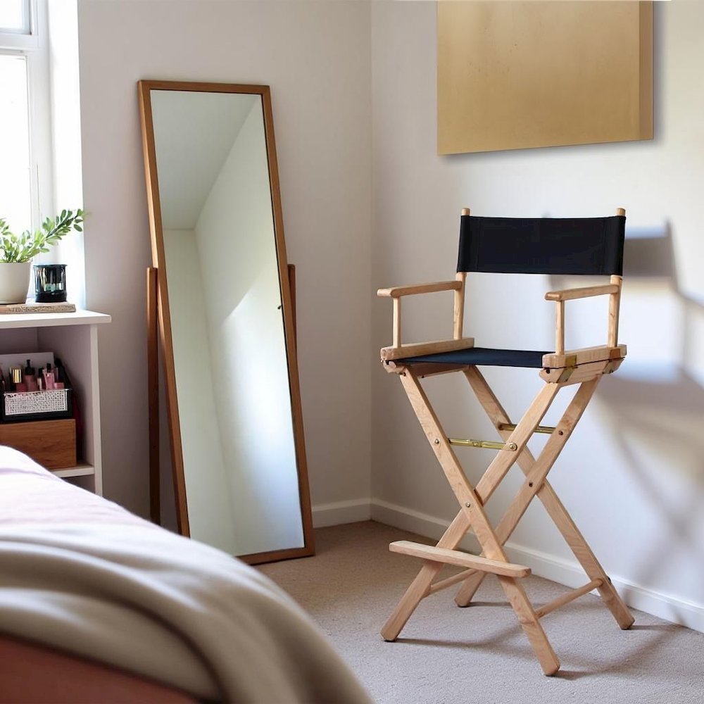 Foldable Director Chair with Natural Wood Frame and Black Canvas