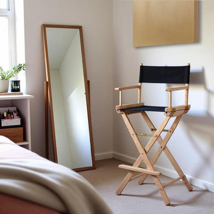 Foldable Director Chair with Natural Wood Frame and Black Canvas