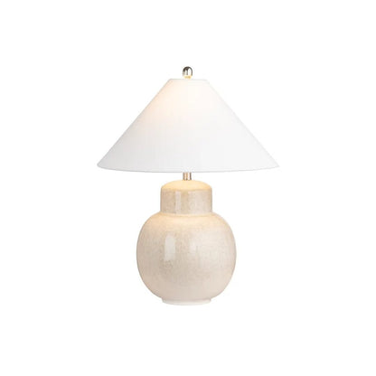 28" Transitional Tan Ceramic Table Lamp with Silver Accents & White Linen Shade