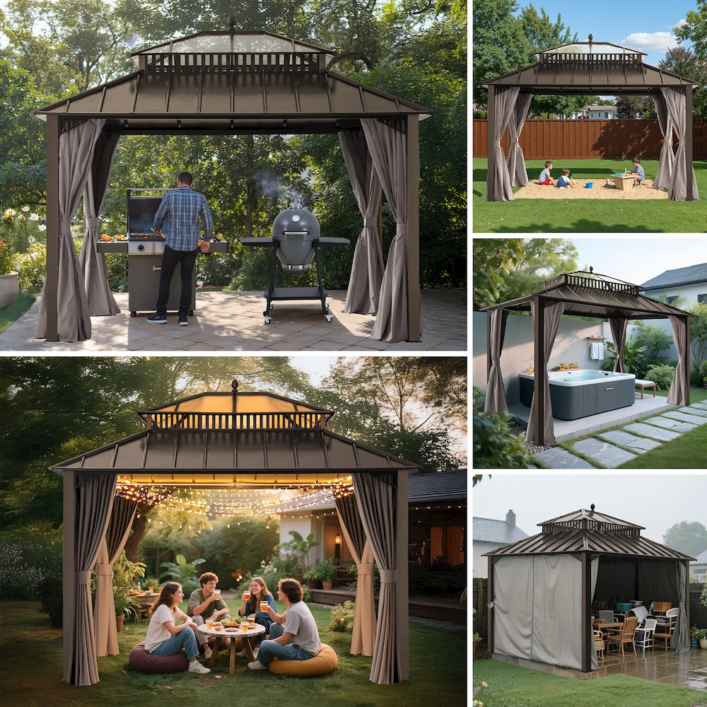 12 ft x 10 ft Hardtop Gazebo with Steel & PC Roof, Brown Aluminum Frame