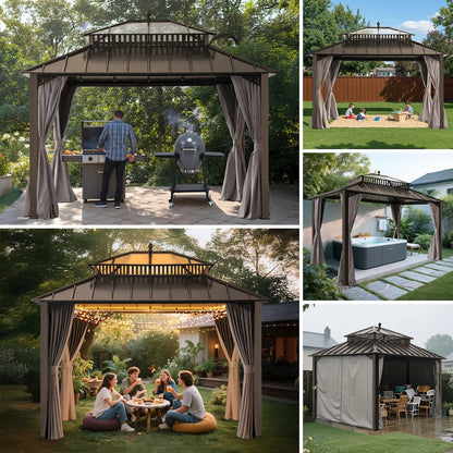 12 ft x 10 ft Hardtop Gazebo with Steel & PC Roof, Brown Aluminum Frame