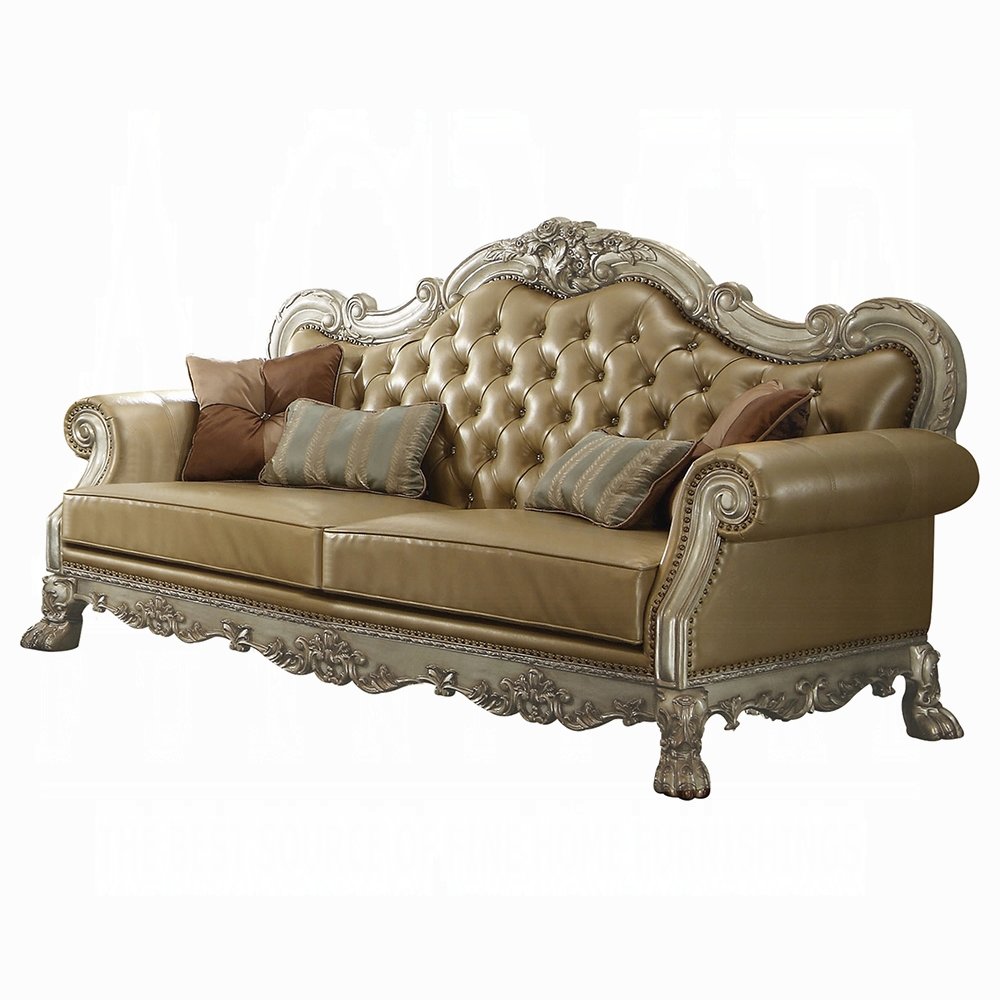 Dresden Sofa w/4 Pillows, Bone Leatherette & Gold Patina
