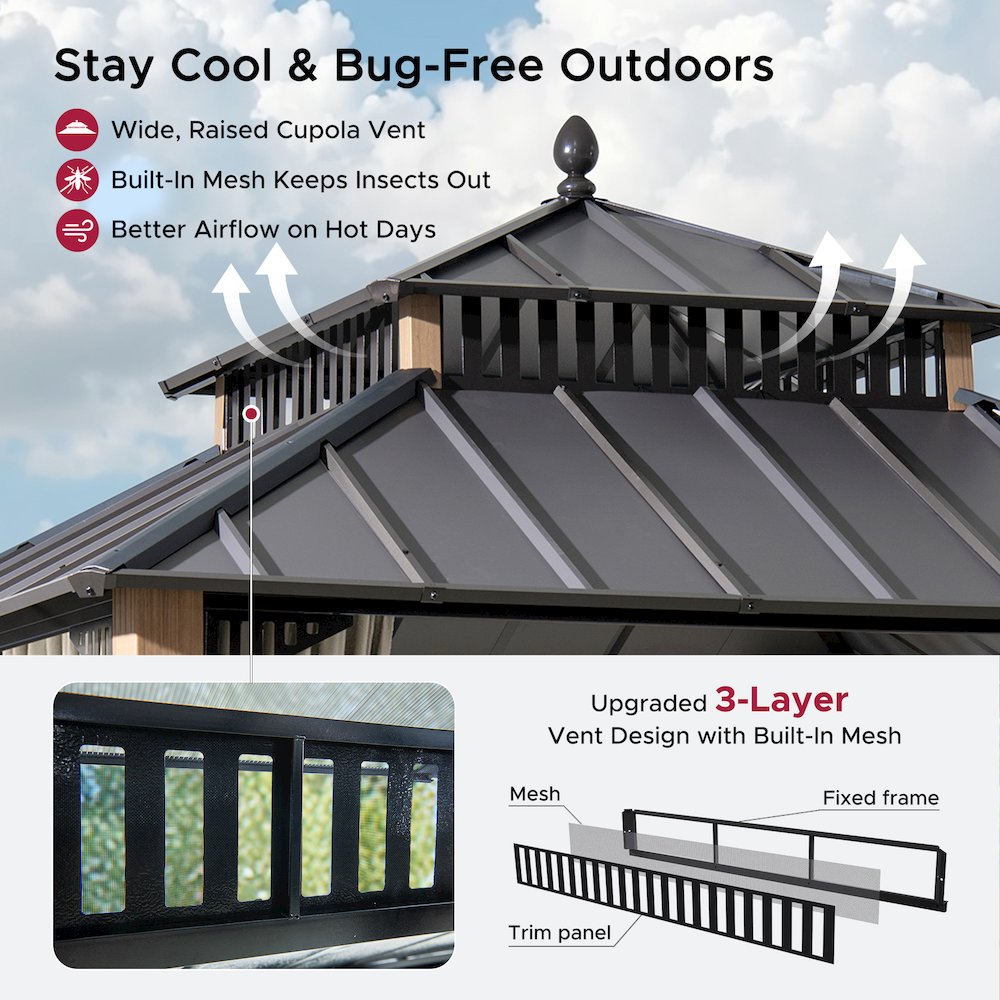 10 ft x 10 ft Hardtop Gazebo with Steel Roof, Woodgrain Aluminum Frame