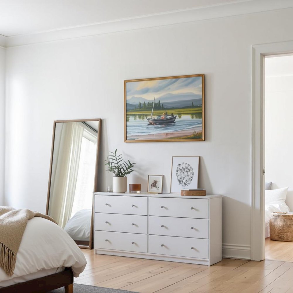 Furnifact -  White Dresser for Bedroom – Modern 6 Drawer Dresser with Spacious Storage – Sleek White Dresser and Bedroom Dresser for Clothes and Essentials