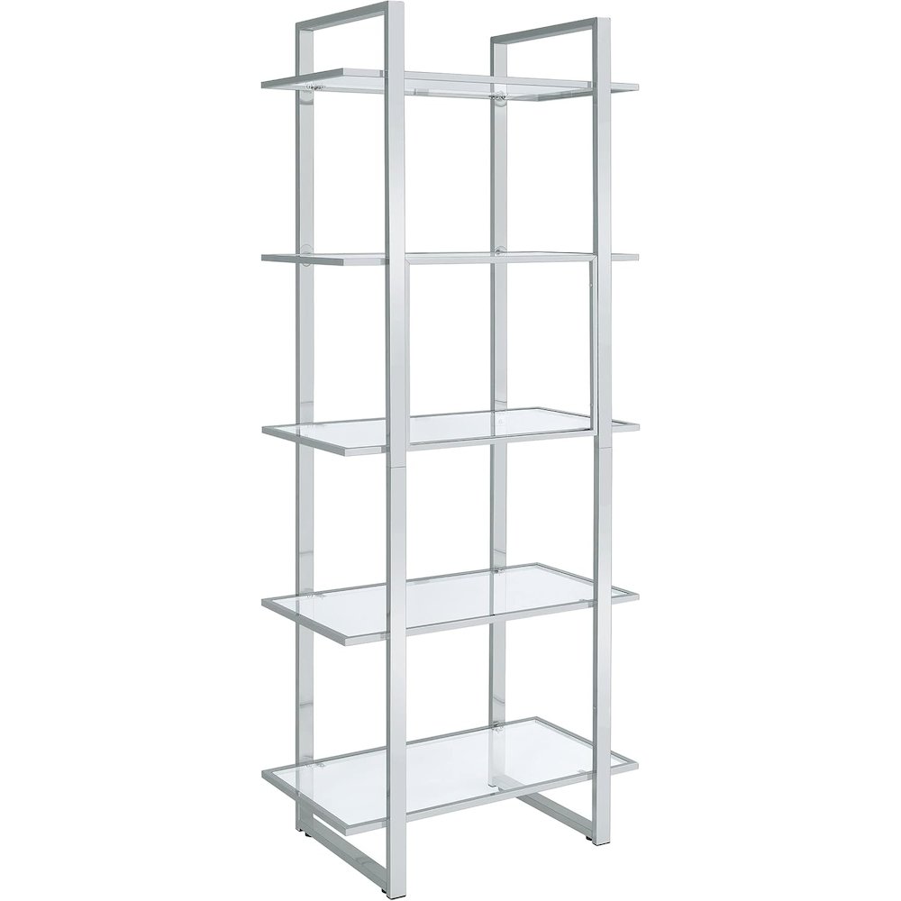 Sleek Five-Tier Bookcase with Glass Shelves and Polished Chrome Frame