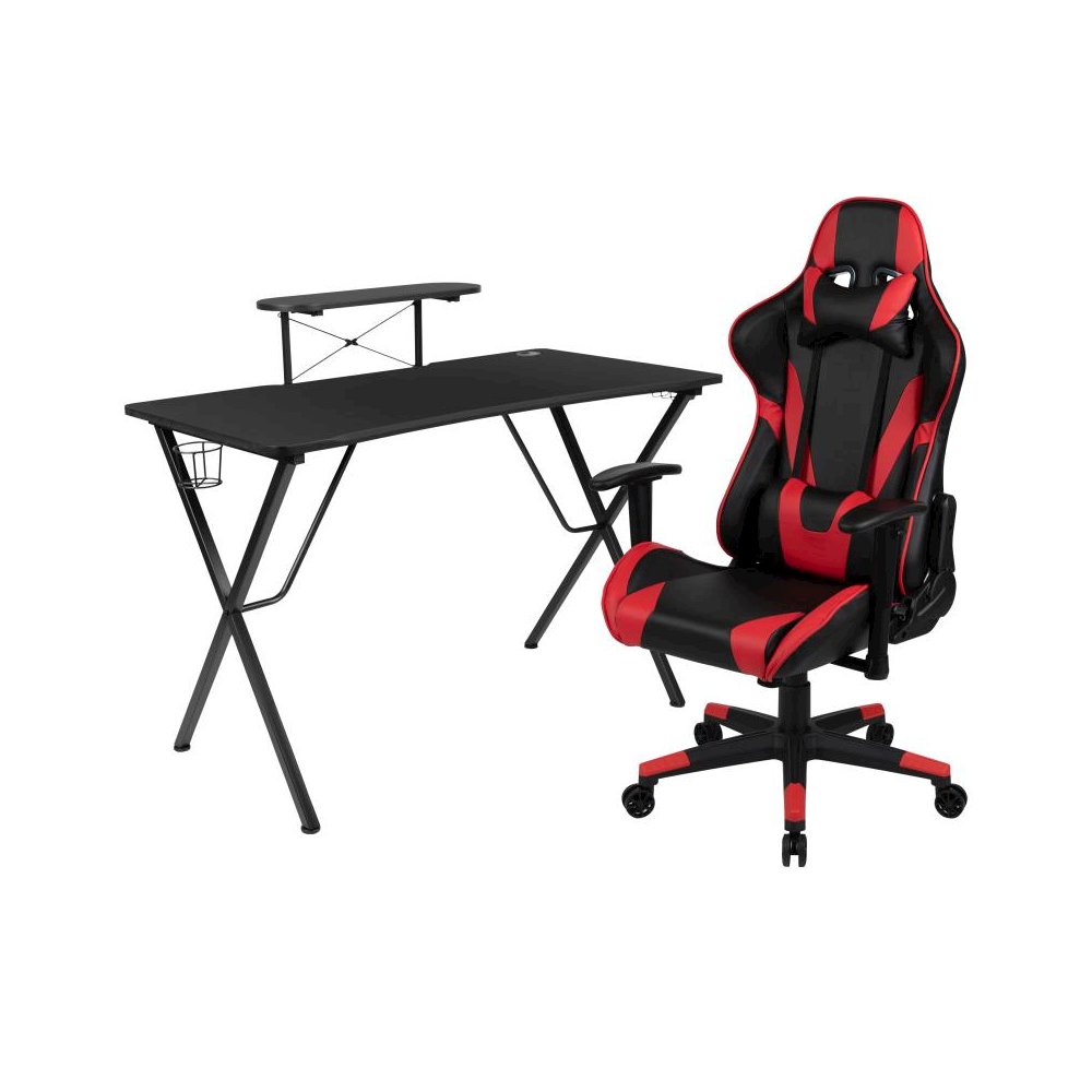 Black Gaming Desk and Red/Black Reclining Gaming Chair Set with Cup Holder, Headphone Hook, and Monitor/Smartphone Stand