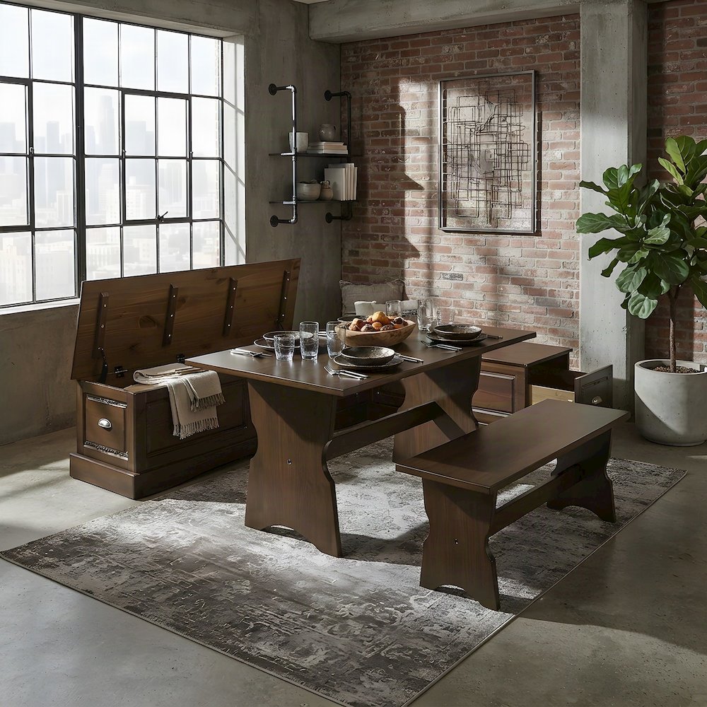 Pine Corner Bench Dining Nook with L-Shaped Banquette Storage, Brown