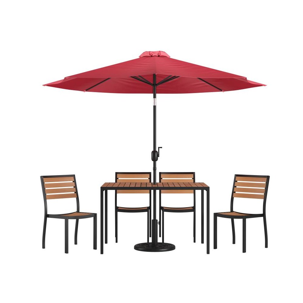7 Piece Outdoor Patio Dining Table Set with 4 Synthetic Teak Stackable Chairs, 30" x 48" Table, Red Umbrella & Base