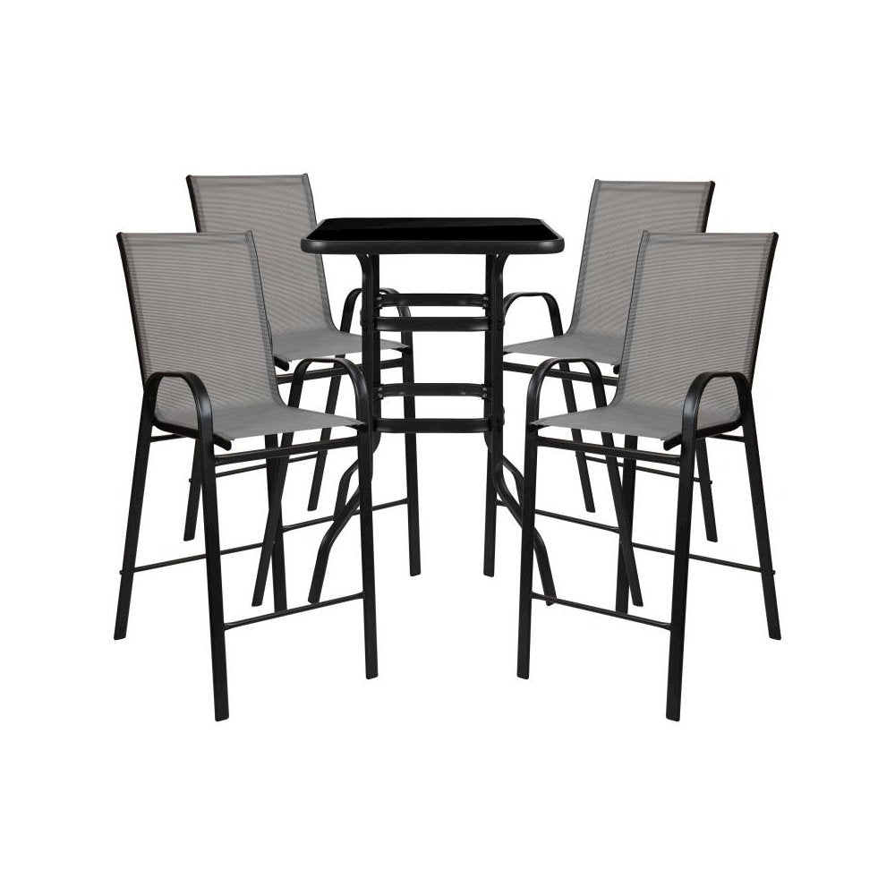 Outdoor Dining Set - 4-Person Bistro Set - Outdoor Glass Bar Table with Gray All-Weather Patio Stools