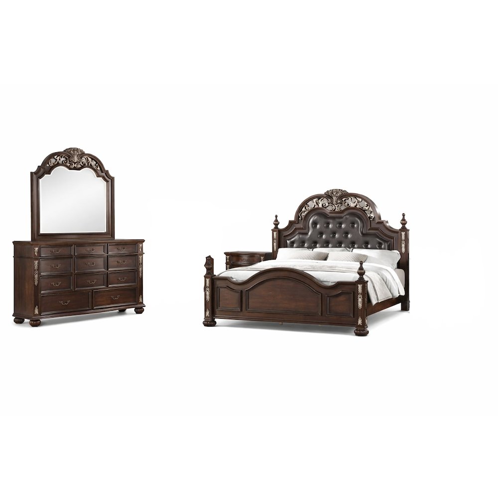 Maximus 4-PC Queen Wood Bedroom Set with Nightstand in Madeira Brown
