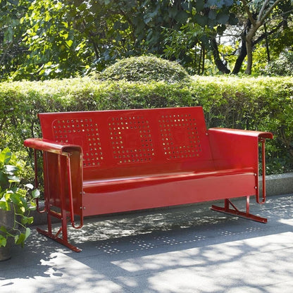 Red outdoor sofa glider with sturdy frame and comfortable seating for three