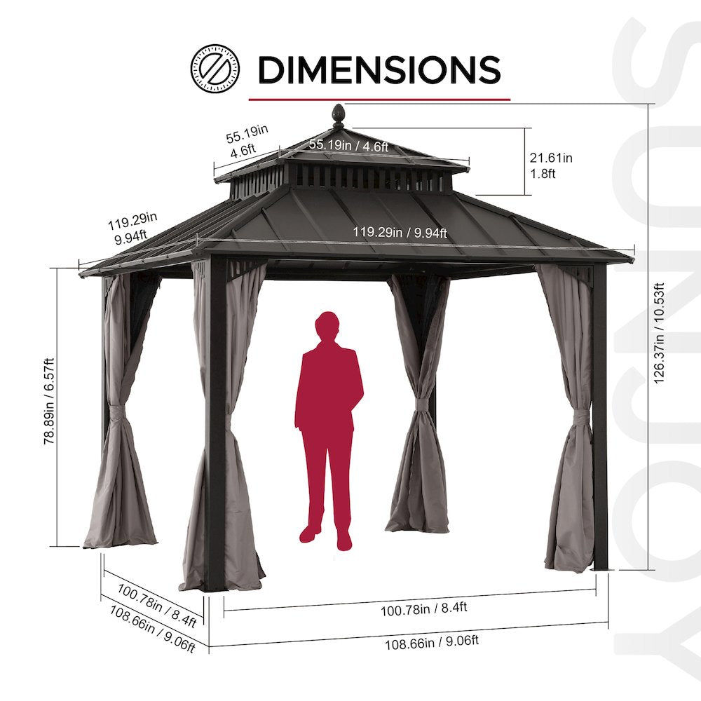 10 ft x 10 ft Hardtop Gazebo with Steel Roof, Brown Aluminum Frame