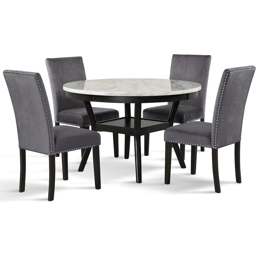 Elegant 5-Piece Faux Marble Round Dining Set with 4 Chairs in Gray