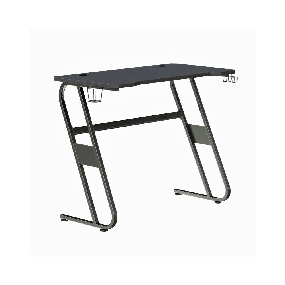 Black Gaming Ergonomic Desk with Cup Holder and Headphone Hook