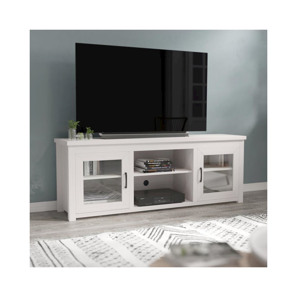 Classic TV Stand up to 80" TVs - Modern White Wash Finish with Full Glass Doors  - 65" Engineered Wood Frame - 3 Shelves