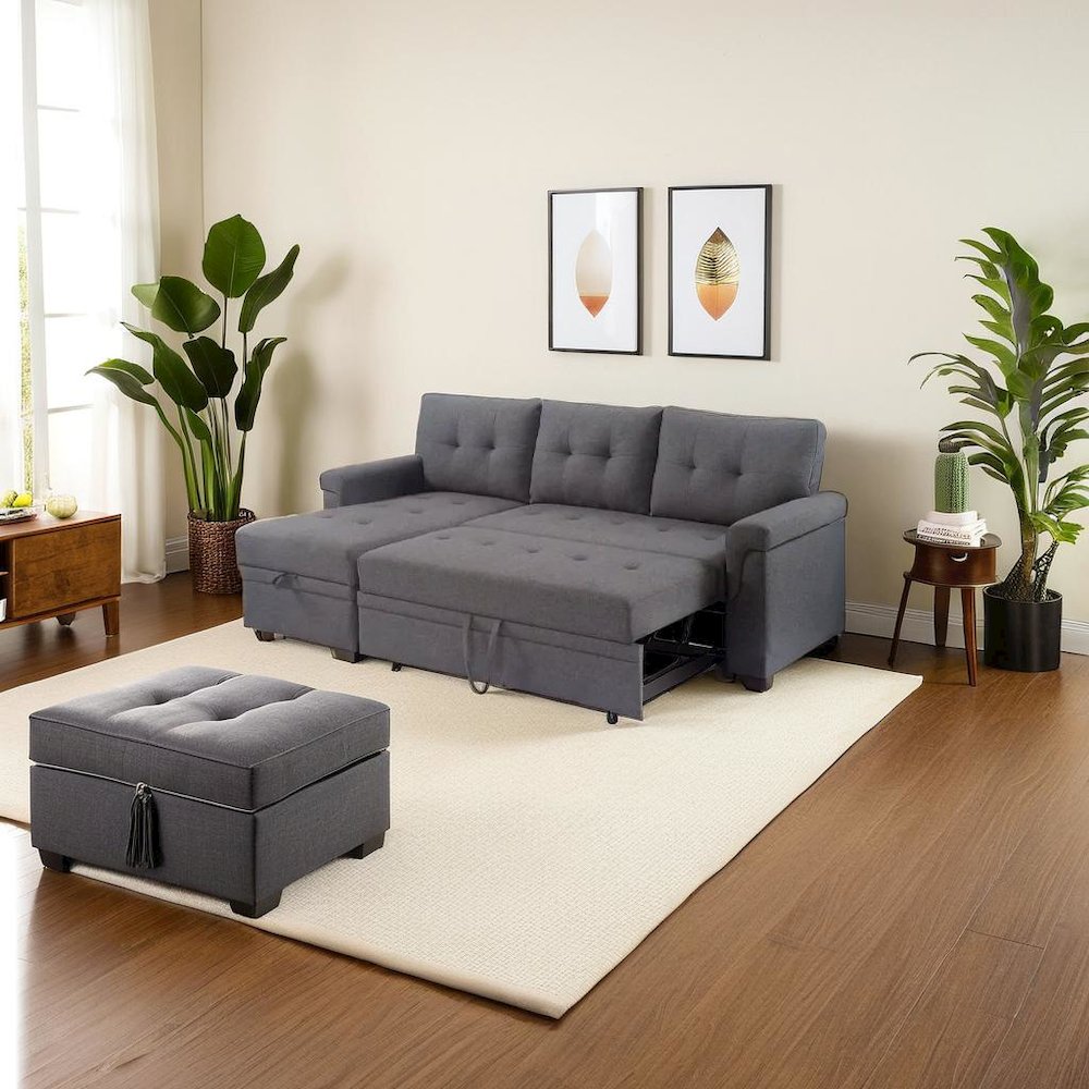 Stylish Reversible Sleeper Sectional Sofa with Storage Chaise in Dark Gray