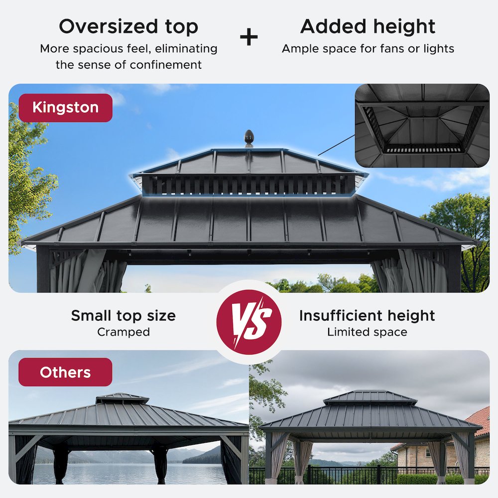 12 ft x 10 ft Hardtop Gazebo with Steel Roof, Grey Aluminum Frame - Extra-Tall