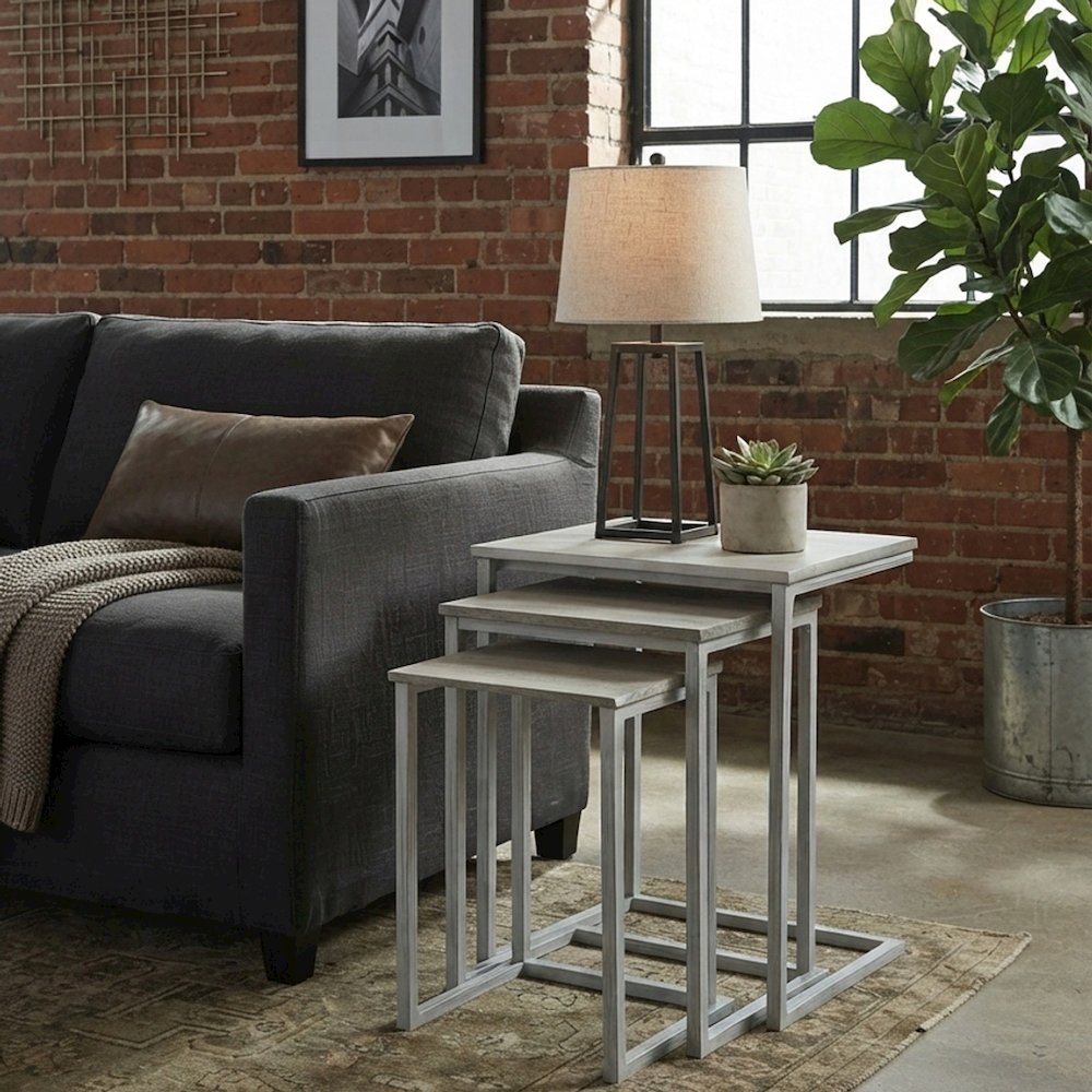 FurniFact Nesting Tables with Mango Wood Tops, Whitewash