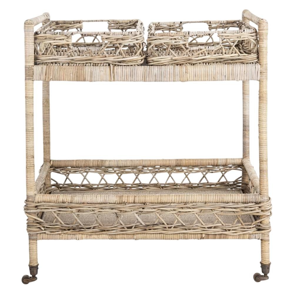 Grey Rattan Bar Cart with 2 Tiers, Antique Brass accents for stylish serving