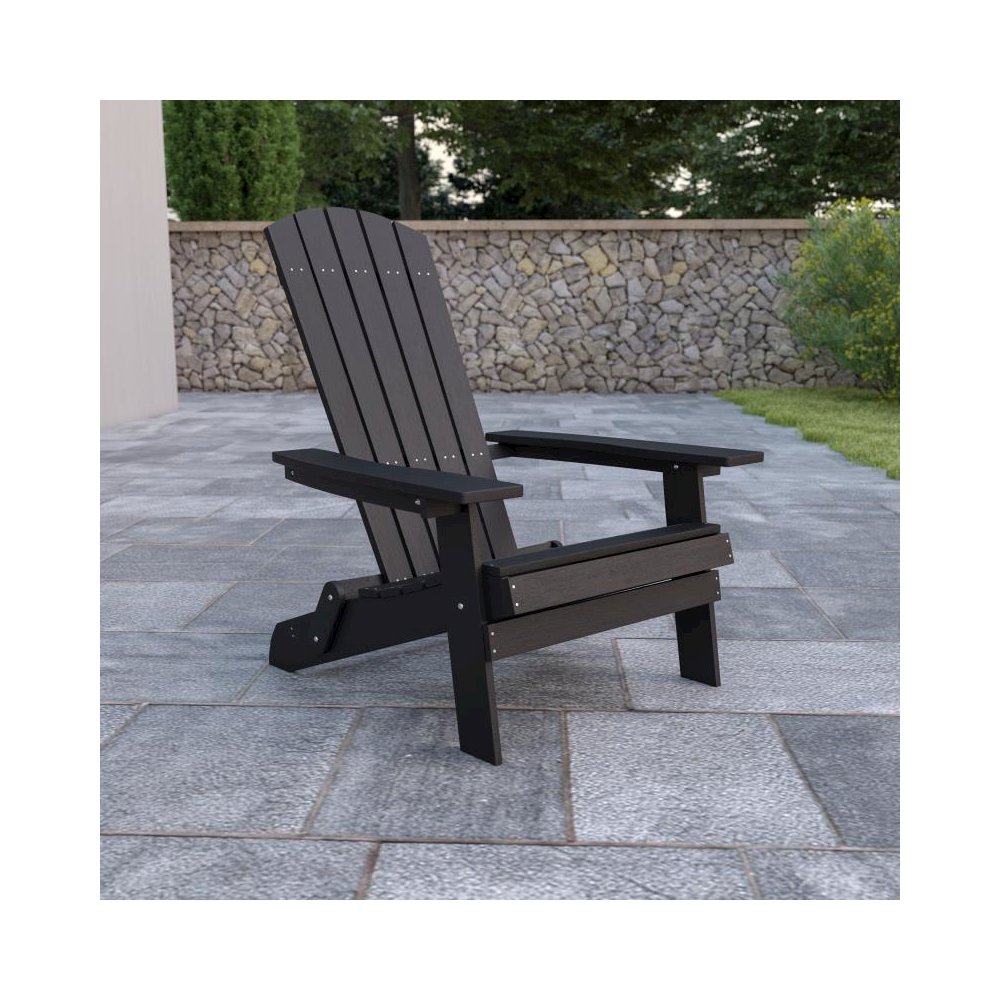 All-Weather Poly Resin Indoor/Outdoor Folding Adirondack Chair in Black