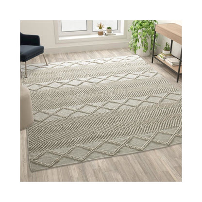 8' x 10' White & Ivory Geometric Design Handwoven Area Rug - Wool/Polyester/Cotton Blend