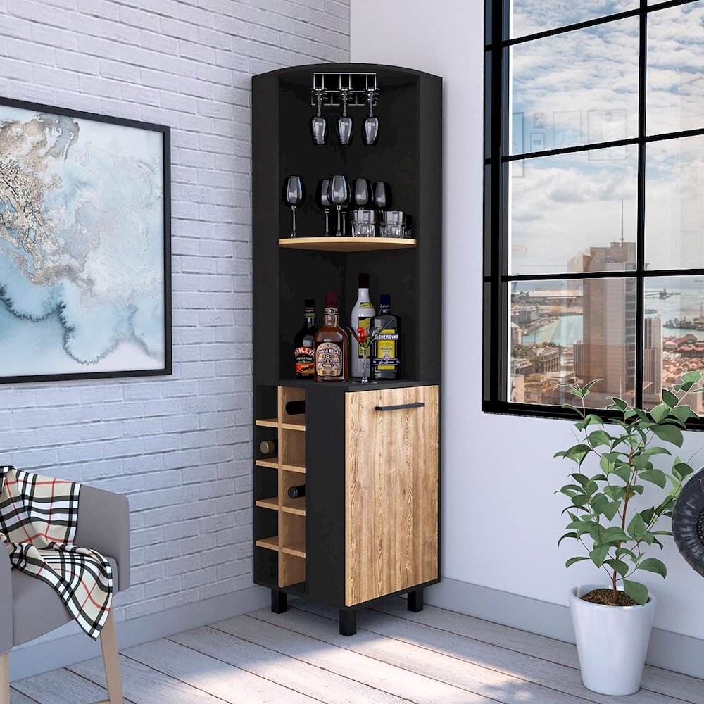 Kaia Corner Bar Cabinet Black / Pine MDF