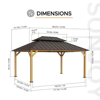 Sunjoy 12x16 ft. Wood Outdoor Patio Steel Hardtop Gazebo