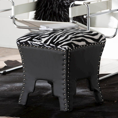 Zebra-print Patterned Fabric Brown Faux Leather Upholstered Accent Stool