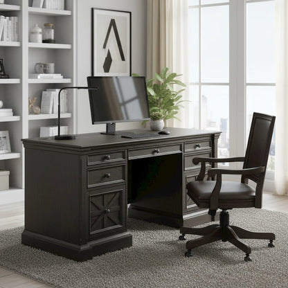Traditional Credenza, 7 Drawers, 2 Locking Files, Power Center, Dark Brown