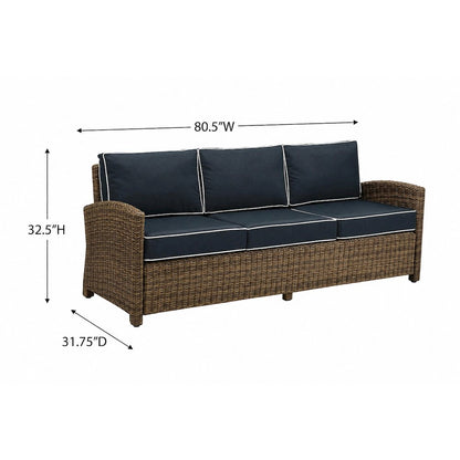Navy and Weathered Brown Wicker Outdoor Sofa Set with Cushioned Seating