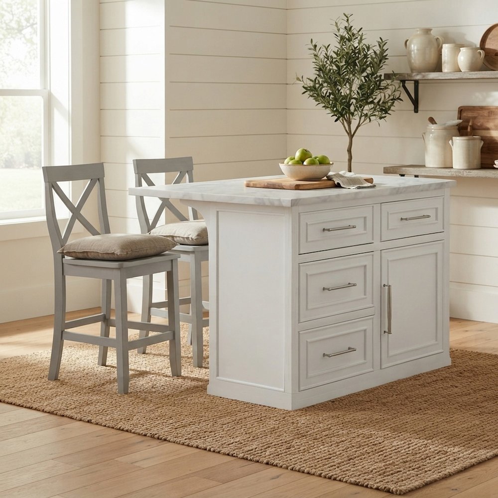 FurniFact Kitchen Island with Faux Marble Top and X-Back Stools, White