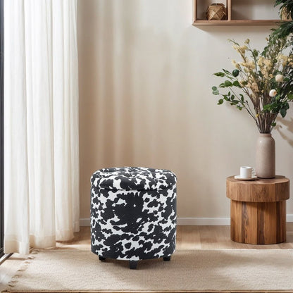 Round Black and White Sorage Cow Print Storage Ottoman Stool
