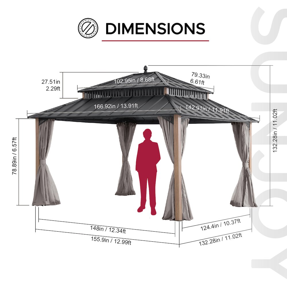 14 ft x 12 ft Aluminum Frame Steel Double Roof Hardtop Rectangular Gazebo